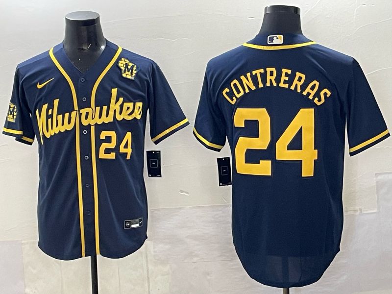 Men Milwaukee Brewers #24 Contreras Drak Blue Nike MLB 2025 Jersey 03